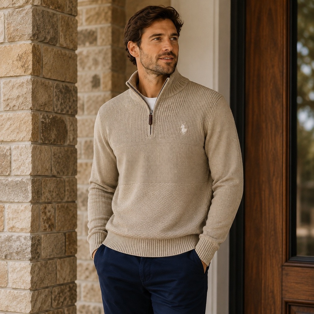 U.S. Polo Assn. Tan Zip‎ Up Sweater with Contemporary Knit